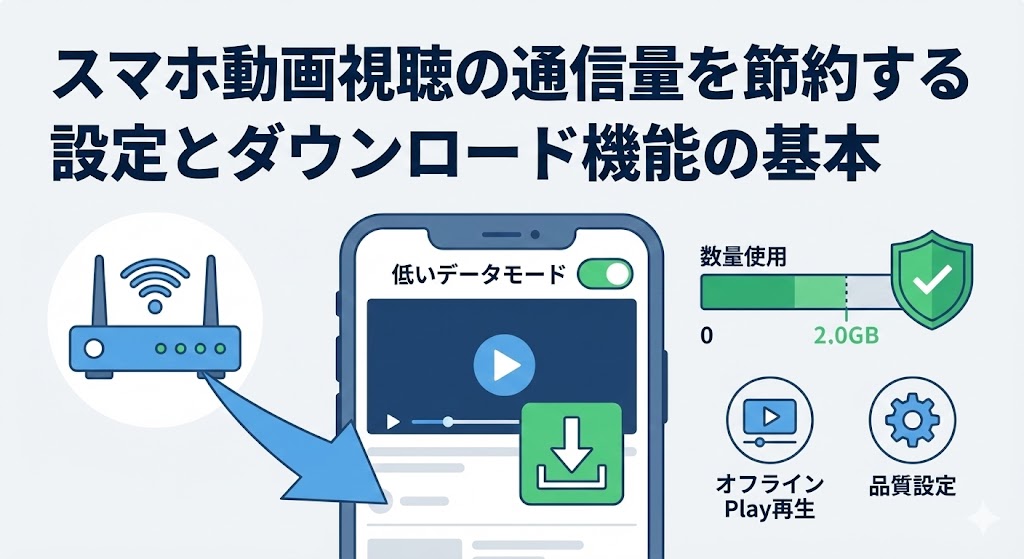 スマホの通信量節約と動画ダウンロードの仕組みを解説するイラスト