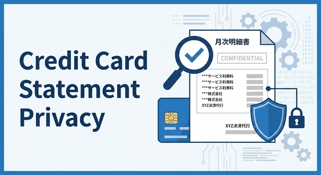 クレジットカードの明細書とプライバシー保護（盾）をイメージしたイラスト