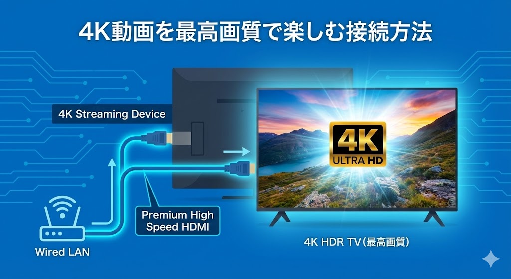 4Kテレビとストリーミングデバイス、高速HDMIケーブルの接続イメージ図