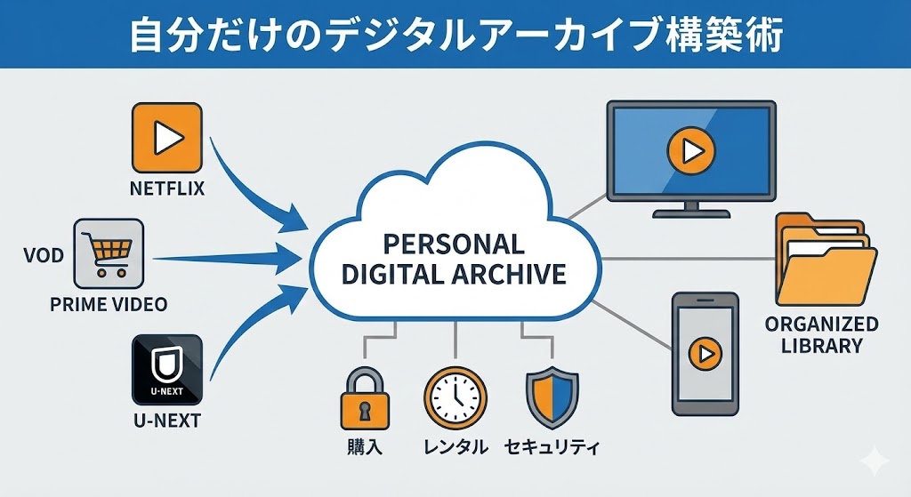 整理されたデジタルライブラリと、様々なVODサービスのアイコンが調和しているイメージ図