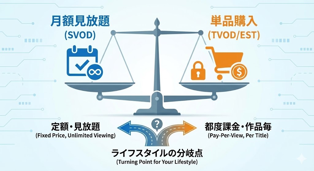 月額定額（インフィニティマーク）と単品購入（コイン）の天秤をイメージした比較図