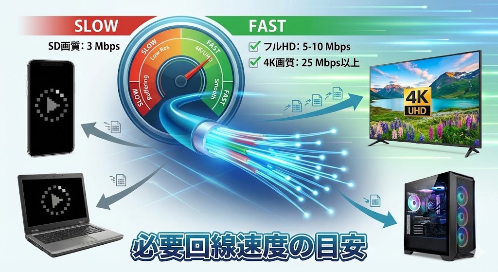 光回線、スピードメーター、4Kデバイスなどをモチーフにした、回線速度の重要性を伝えるインフォグラフィック風の画像