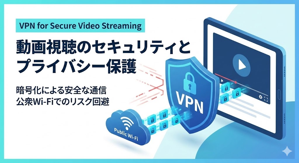 VPNを通じた暗号化通信と動画ストリーミングの安全性をイメージしたセキュリティ図解