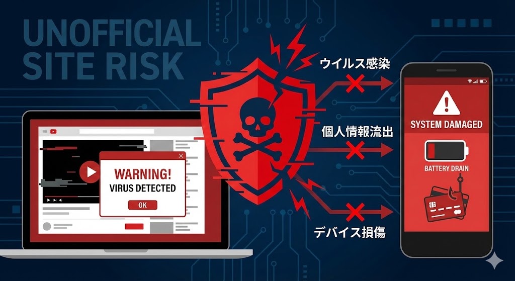 警告マークとハッキングされるデバイスをイメージしたセキュリティリスクの図解